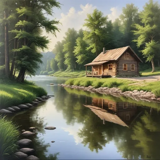 Prompt: Realistic landscape painting of a tranquil river, traditional oil painting, rustic wooden cabin by the water, lush greenery surrounding, clear reflections in the water, serene atmosphere, high quality, realistic, traditional painting, tranquil, rustic cabin, lush greenery, clear reflections, serene atmosphere, landscape, river, realistic style, professional, natural lighting