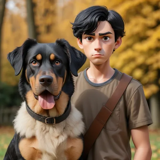 Prompt: A 30 years old boy with black hair and 185 height . That stand near his Big german dog that is black and brown and looking in the camera.