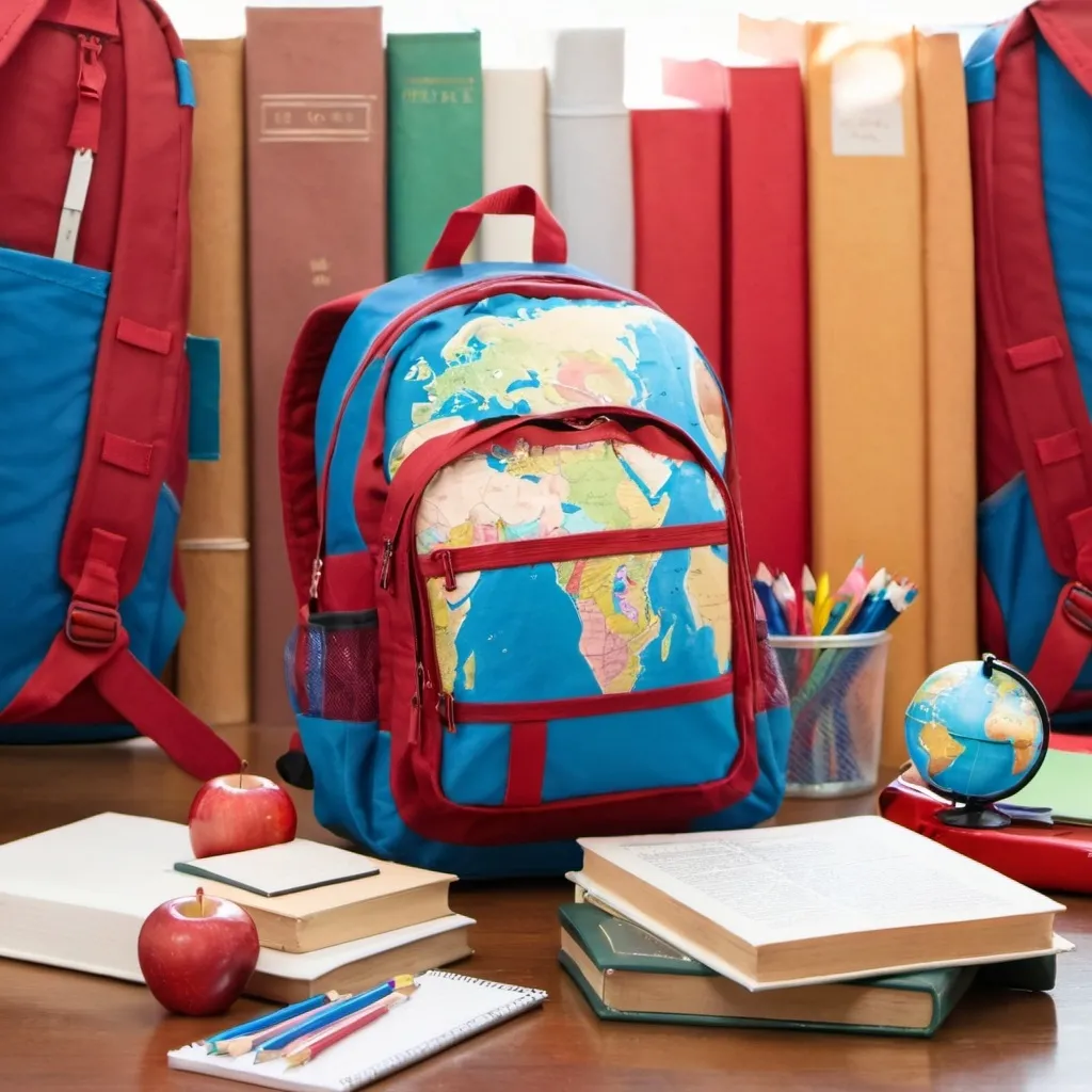 Prompt: A red backpack with school supplies including books, a globe, and an apple on a desk