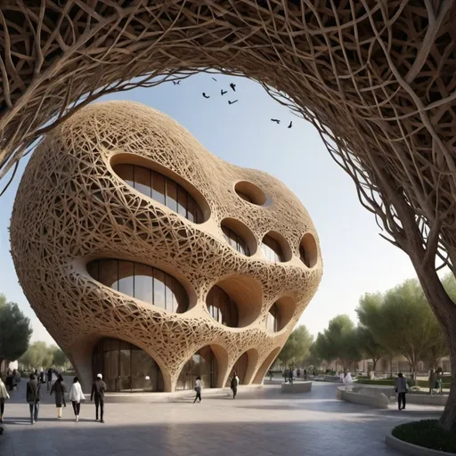 Prompt: Please design the facade of a hotel in Isfahan Bird Park in the shape of a bird's nest