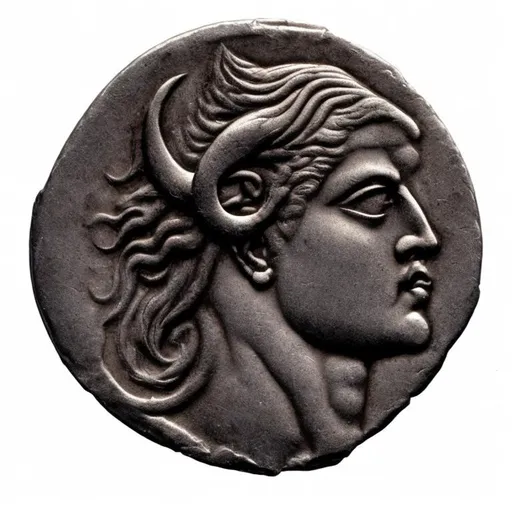 Prompt: Make an image as if it were an ancient coin with the print of the god Amon with his curly horns highlighted, and I want a white background in the image