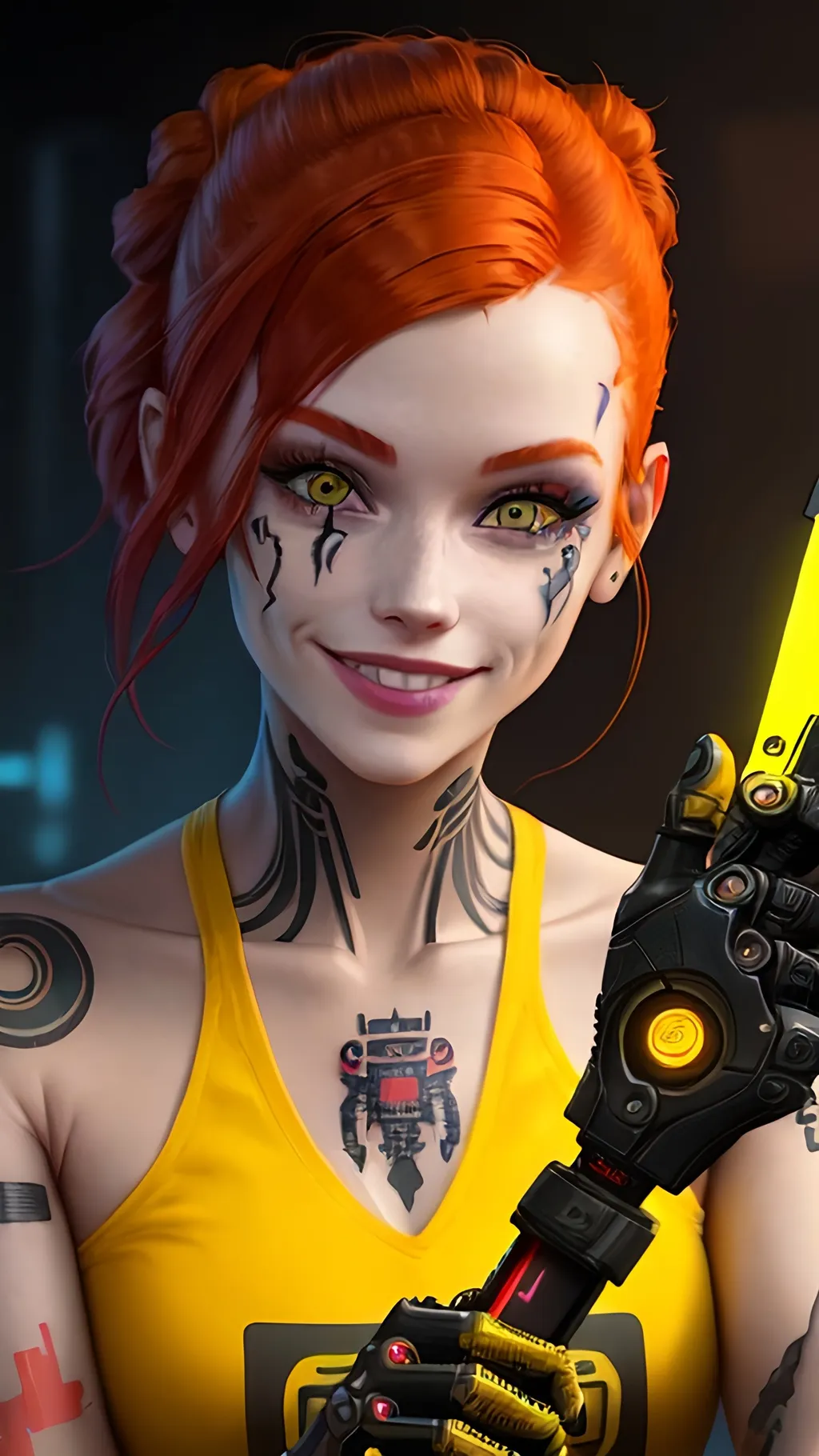 Prompt: girl with robotic parts, tattoos in arm, very beautiful face, red hair, smiling and holding a knife, detailed, yellow background, cyberpunk, neon colors