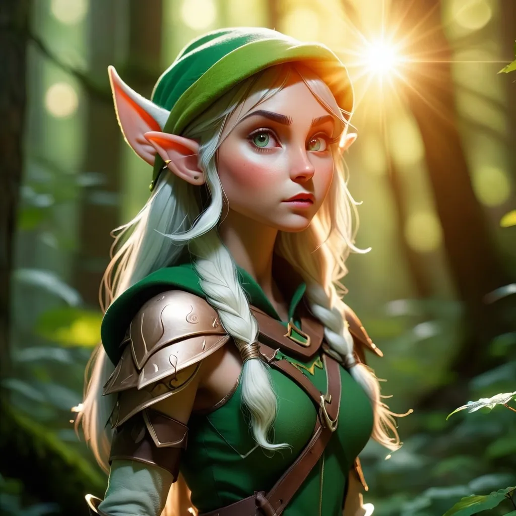 Prompt: Elf ranger in a mystical forest around sunlight