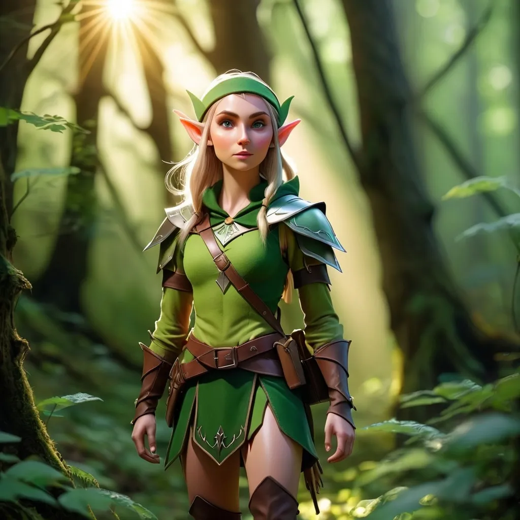 Prompt: Elf ranger in a mystical forest around sunlight