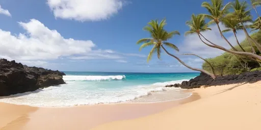 Prompt: 2:1 format of a secluded Hawaiian beach on a bright sunny day