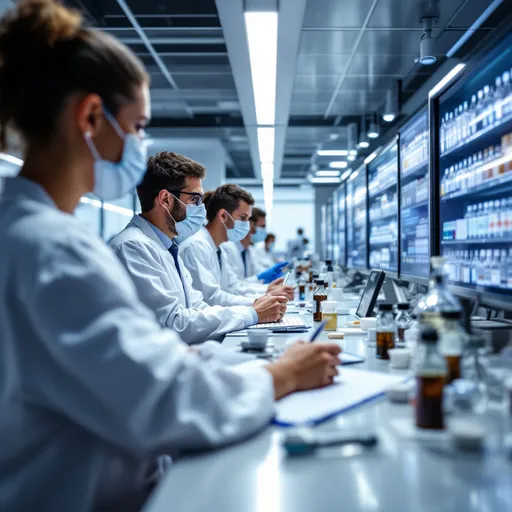 Prompt: Image of inside a pharmaceutical company who is a great place to work, demonstrates ethical behavior, is innovative treating patients with unmet medical need and is great about prioritizing 