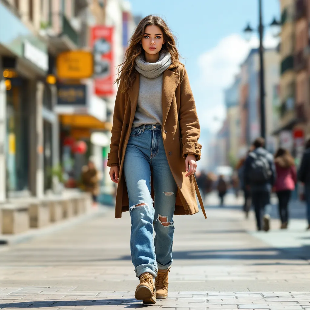 Prompt: Tall young woman walking down the high street, detailed clothing, realistic, natural lighting