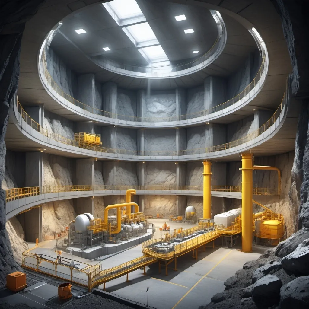 Prompt: Provide a rendering of a deep geoplogical repository to house spent nuclear fuel bundles stored in dry casks 500 meteres below the ground . The rendering should be in the form of a facility layout
