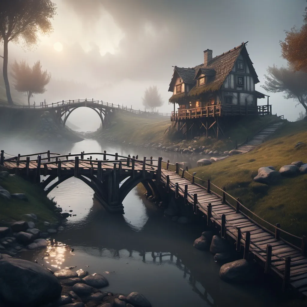 Prompt: small settlement, foggy, bridge and river, dramatic fantasy settlement scene, cinematic lighting