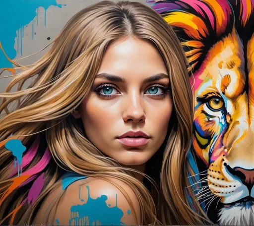 Prompt: A striking and conceptual artwork featuring a woman with long, flowing hair and captivating eyes, with her gaze locked onto the same point as a majestic lion. The lion's mane blends seamlessly with her hair, creating a unique and powerful bond between the two beings. The background is a dynamic mix of vibrant colors, representing a fusion of wildlife photography, graffiti, and illustrative elements. The artwork appears hand-drawn, with visible brushstrokes and a textured wooden surface, showcasing the artist's skill and mastery of various mediums., wildlife photography, illustration, conceptual art, graffiti, vibrant, painting