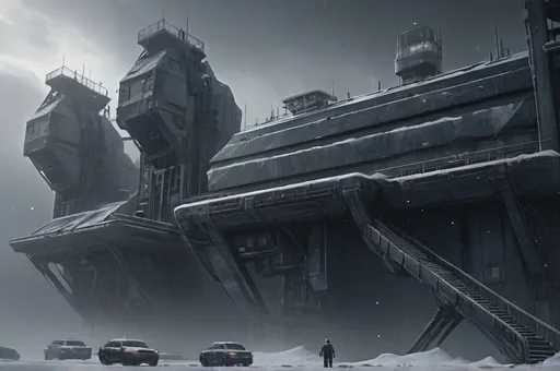 Prompt: (deserted space-port), (Alien RPG style), intense blizzard, heavy snow covering structures, eerie and foreboding ambiance, stark and jagged architecture, high-quality details, chilling colors with deep grays and whites, atmospheric fog, cinematic depth, icy terrain, shadows creating a sense of isolation, ultra-detailed sci-fi environment. There are also some barrel-fires and refugees.