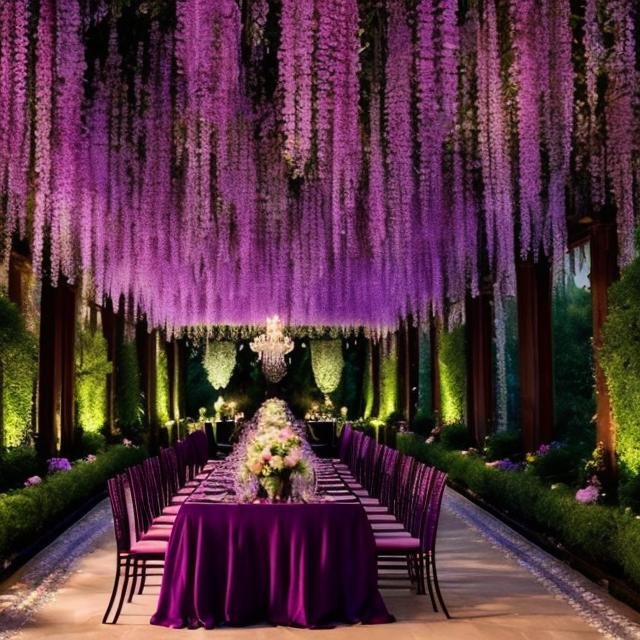 Prompt: a forest. some of the trees are Wisterias. An enchanted forest, that remind of a ballroom. chandelier hanging from the threes, along with flowers. at the table also be some flowers. The main colors are purple, green, blue, brown. the sides are darker of the image but the middle areas are lighter. the moon shines through the threes at the top middle region of the image.