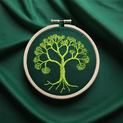 Prompt: a bright green embroidered 4.5 cm diameter on a bottle-green fabric logo. the backround is all the dark green fabric
A circle of branching mycelium 
