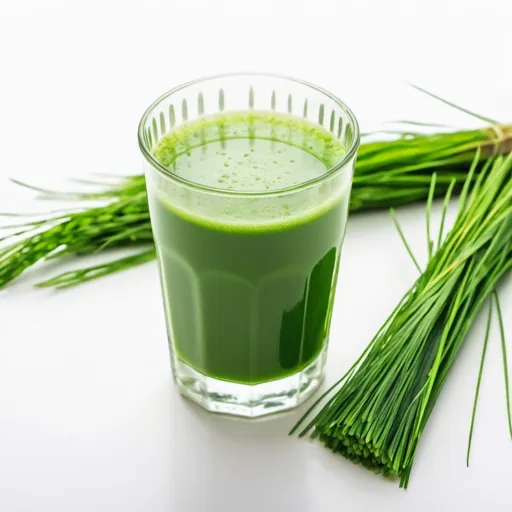 Prompt: barley grass juice in a glass with white background


