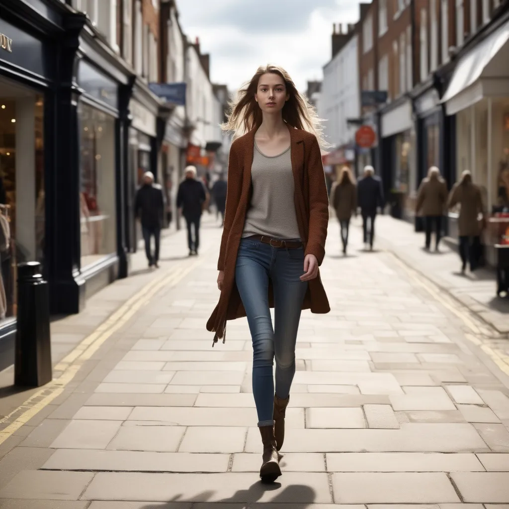 Prompt: Tall young woman walking down the high street, detailed clothing, realistic, natural lighting