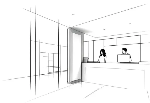 Prompt: A spacious indoor environment unfolds with a minimalist design, featuring clean lines and a simple color palette dominated by white and light hues. In the foreground, a reception counter extends across the room, flanked by a cabinet that adds functionality to the area. Behind the counter, two figures engage in conversation, their outlines capturing an air of casual interaction. The architectural perspective suggests a well-lit room, accentuated by wide windows that hint at a bright ambiance, enhancing the modern and inviting feel of this contemporary space. The overall scene conveys a sense of openness and ease, inviting visitors into a welcoming atmosphere.