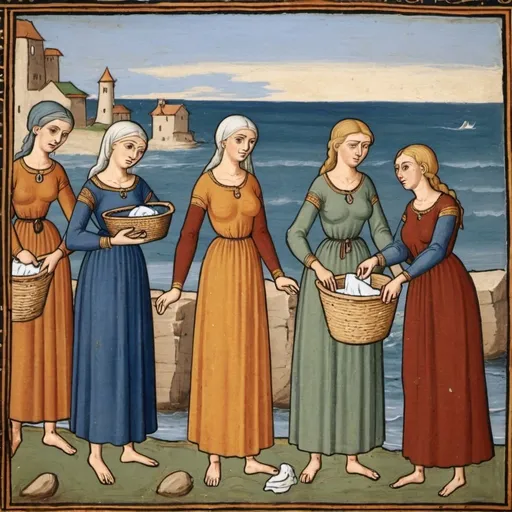 Prompt: Early medieval painting   of Women at the ocean doing  laundry