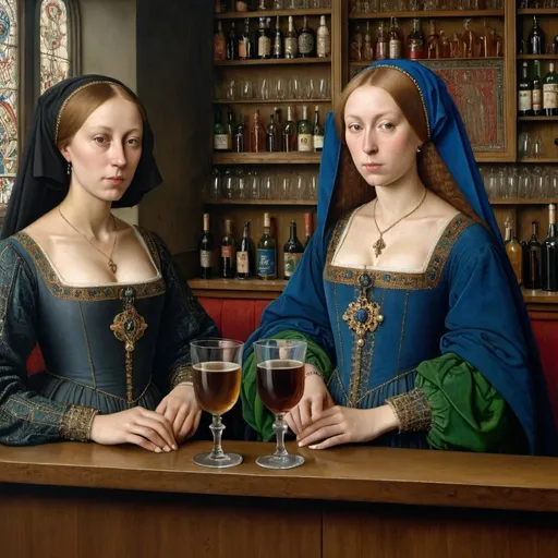 Prompt: Portrait Painting by Van Eyck,amazingly intricate,detailed background  of women in a bar