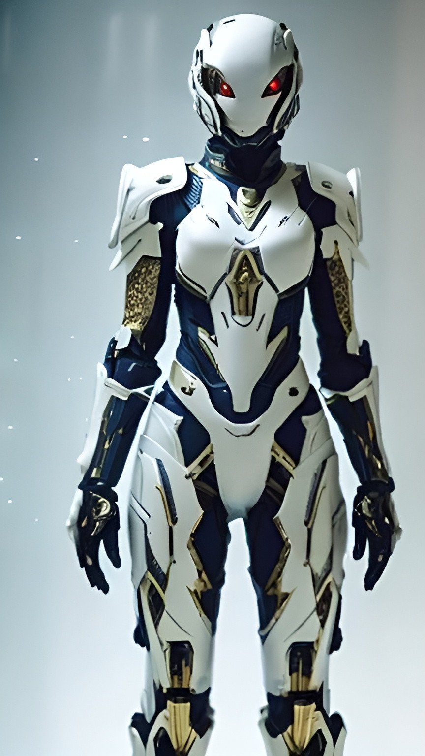 Prompt: I need a futuristic armor suit, full body, white and gold, very moody. in an underground cave