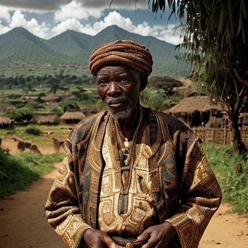 Prompt: an old man from Africa, (rich textures) in traditional colorful clothing, aged face showcasing wisdom and life experiences, (deep wrinkles), vibrant African landscapes in the background with lush greenery and dramatic skies, warm sunlight casting soft shadows, (highly detailed), (captivating atmosphere) filled with stories and nostalgia.