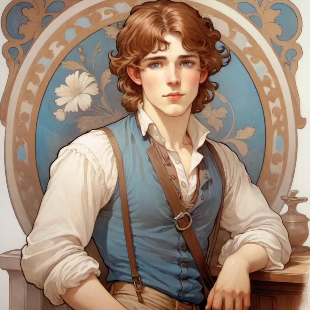 Prompt: A young white man with chestnut brown hair and blue eyes in late 18th century casual clothes.