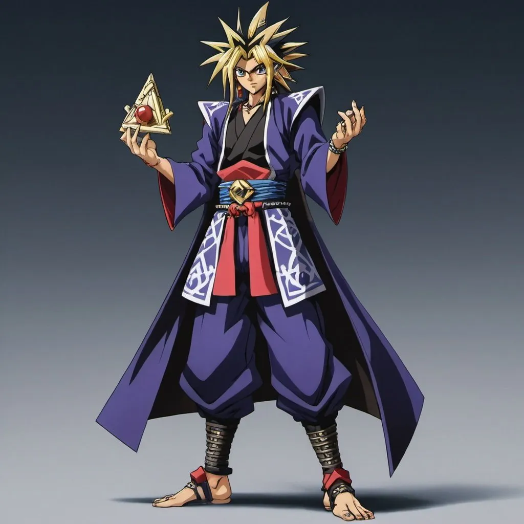 Prompt: full body of yami yugi holding chained flipped down triangular pyramid shaped millenium puzzle on his hand in samurai jinba outfit
