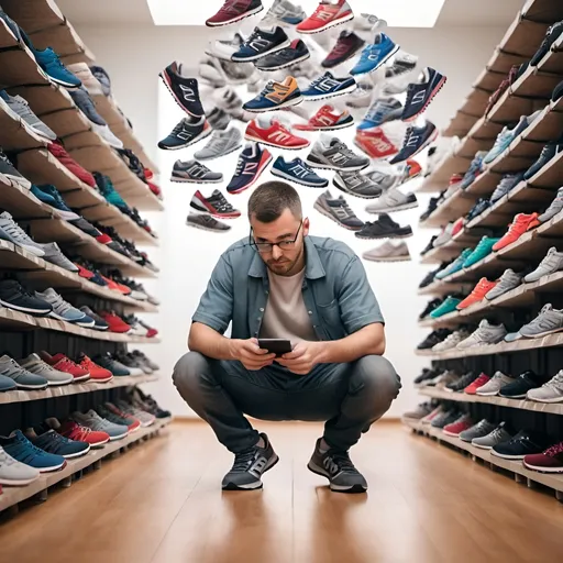 Prompt: A men with short hair and glasses looking for a new balance sneaker trying to figure out the technology. Tha background can be a floor full of different sneakers and it has like a thinking balloon above his head