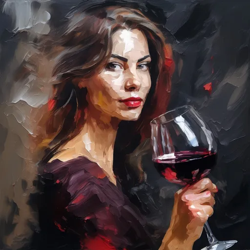 Prompt: oil paint head shoulders young woman Visible strokes,rough edges, holding  red wine glass, dark background, celebraiting viktory 