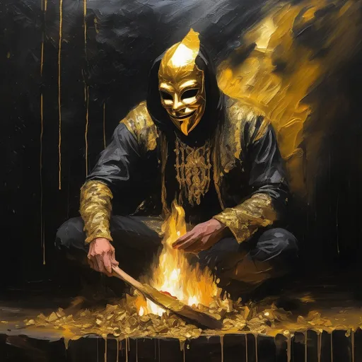 Prompt: Oil painting, visible brush strokes, man  with gold mask by the fire, dark background golden drips magical night rituals
