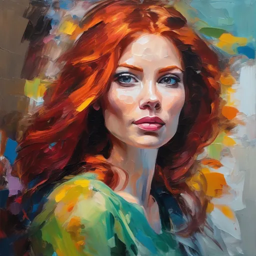 Prompt: oil paint with visible brush strokes, expressive, vibrant colors, portrait of beutiful a woman, redhead, romantic modern environment,