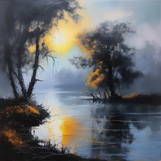 Prompt: oil painting dark colors visible stroks sun in the backgroun in the fog water and skays ar in the fog tree in the left corner on the painting is visble in the water morning ir raising