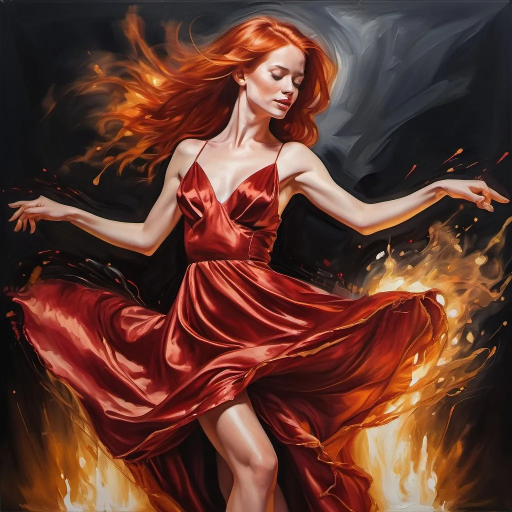 Prompt: Oil painting, visible brush strokes, red-haired beautiful woman dancing in a satin dress by the fire, dark background golden drips