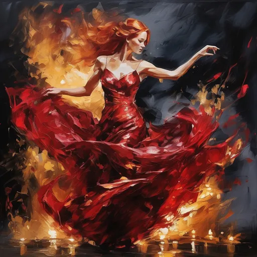 Prompt: Oil painting, visible brush strokes, red-haired beautiful woman dancing in a satin dress by the fire, dark background golden drips