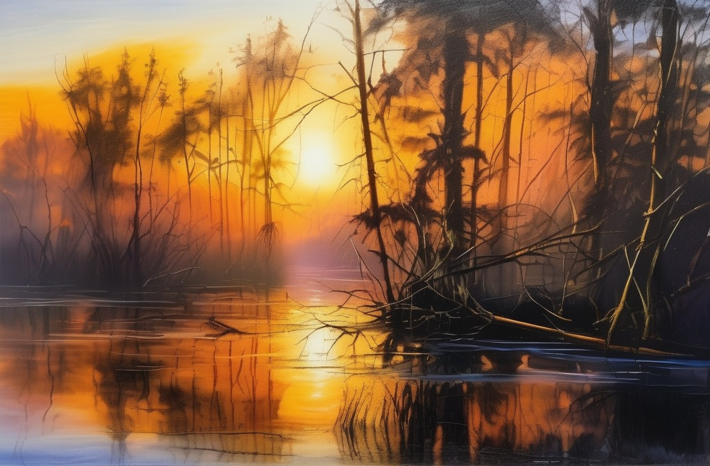 Prompt: oil painting dark colors visible stroks sun in the backgroun in the fog water and skays ar in the fog tree in the left corner on the painting is visble in the water evening sun swamp
