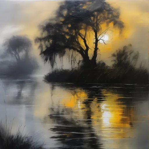 Prompt: oil painting dark colors visible stroks sun in the backgroun in the fog water and skays ar in the fog tree in the left corner on the painting is visble in the water