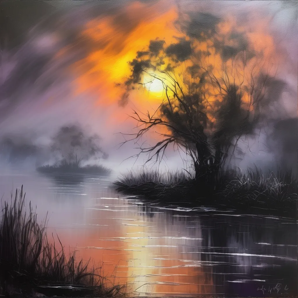 Prompt: oil painting dark colors visible stroks sun in the backgroun in the fog water and skays ar in the fog tree in the left corner on the painting is visble in the water morning ir raising