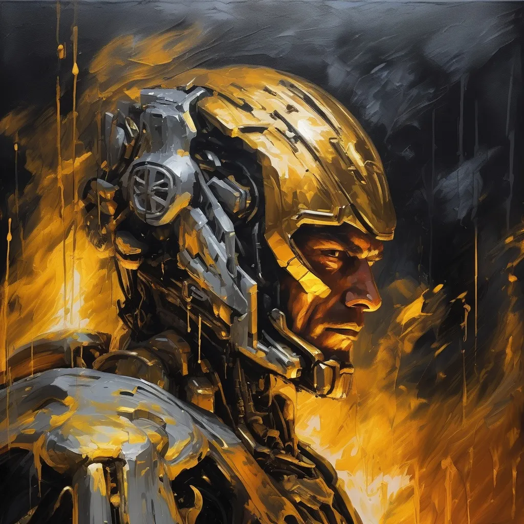 Prompt: Oil painting, visible brush strokes, man in a mecha by the fire dark background golden drips