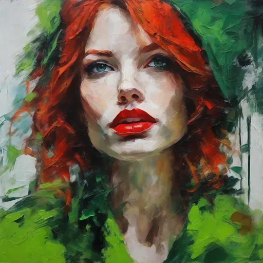 Prompt: oil paint with visible brush strokes, expressive, vibrant colors, portrait of a beutiful woman, redhead,redlips, green eys, fighter, modern environment, 