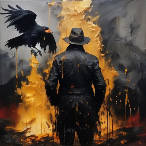 Prompt: Oil painting, visible brush strokes, man and crow in the same body by the fire dark background golden drips