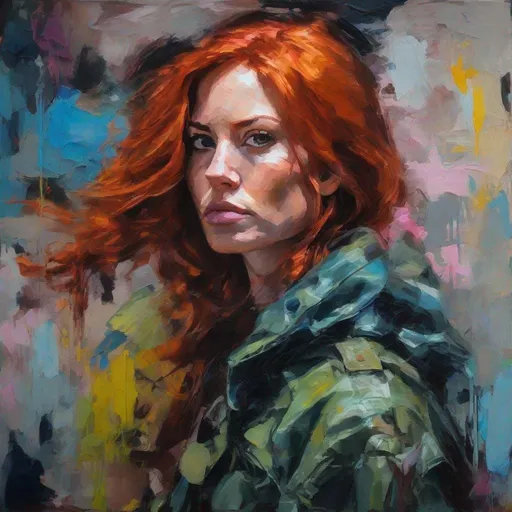 Prompt: oil paint with visible brush strokes, expressive, vibrant colors, portrait of a woman, redhead, fighter, modern environment,