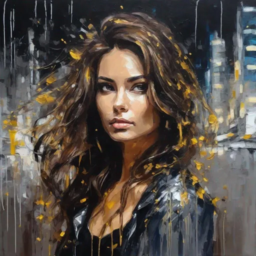Prompt: oil painting vibrant colors brown hair beutiful womens portret, city in night in backgraund, silver and gold drips over the painting
