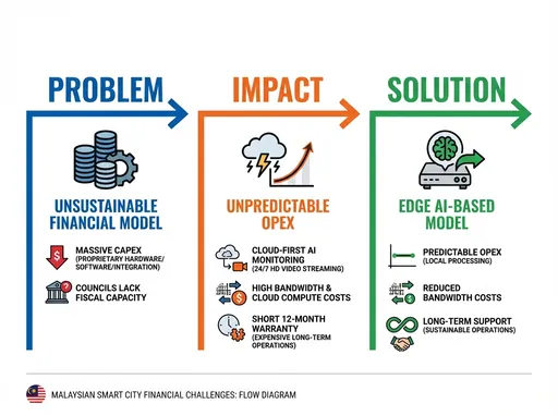 Prompt: Design a corporate-style infographic as a single flow diagram illustrating Problem → Impact → Solution for Malaysian smart city financial challenges.Problem: Unsustainable financial model of traditional smart city solutions (massive CAPEX for proprietary hardware/software/integration, councils lack fiscal capacity).
Impact: Unpredictable OPEX from cloud-first AI monitoring (24/7 HD video streaming, bandwidth and cloud compute costs, short 12-month warranty, expensive long-term operations).
Solution: Edge AI-based model (local processing, predictable OPEX, reduced bandwidth costs, long-term support).
Visual style: corporate infographic, bold colors, clean icons, arrows connecting stages, minimal text, plenty of white space. Include icons for CAPEX, OPEX, cloud streaming, bandwidth costs, and Edge AI benefits.