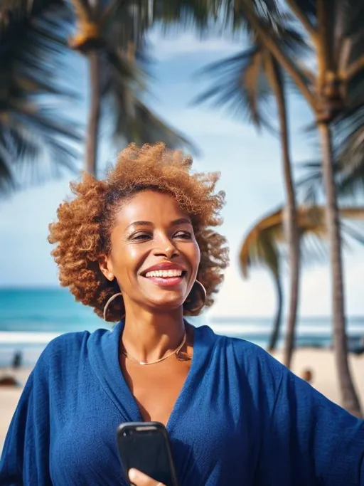 Prompt: Beautiful black mom of two kids, leisure wear, Afro 4C blonde hair, holding a mobile phone, beach setting, finance and administrative coordinator, tropical beach atmosphere, casual, high quality, realistic, warm tones, detailed features, happy expression, professional, beach attire, sunny day, tropical vibes, natural lighting, family-friendly, modern smartphone, coastal setting