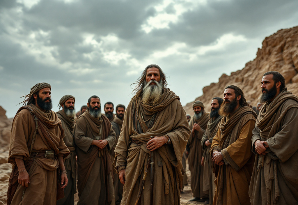 Prompt: Amidst a barren landscape under a cloudy sky, a group of men gathers in front of a rustic stone structure resembling a fortress. The central figure stands out with a long beard, holding a staff, and is adorned in layered earthy-toned robes, exuding an air of leadership and wisdom. Surrounding him are several men with varied expressions—some appear contemplative, while others seem to be engaged in conversation, all dressed in similar traditional attire. The warm hues of their clothing contrast with the cool, muted tones of the sky and desert backdrop, creating a dramatic yet solemn atmosphere that hints at a moment of significance or decision-making within the community. The image captures a poignant narrative, reflecting themes of unity and shared purpose in a harsh, unforgiving environment.