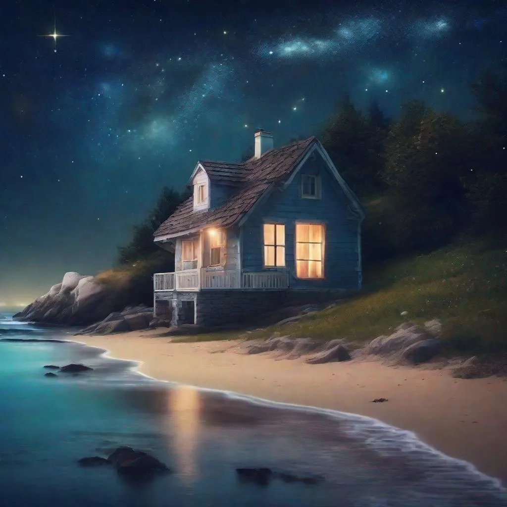 Prompt: lonely house near sea shore at night, bright sky with stars and galaxies 