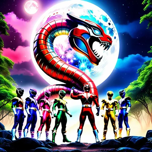 Prompt:  5 cobras power ranger like with different colors conforming a team.  letters in the center OG,amazing forest falls (moon lights) background,8k ultra hd detaile and Reality. by hot indian art