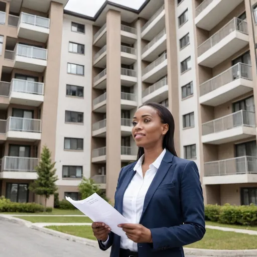 Prompt: A realtors standing outside of apartment buildings of malaika real estate ltd explaining on the benefits of having a property manager