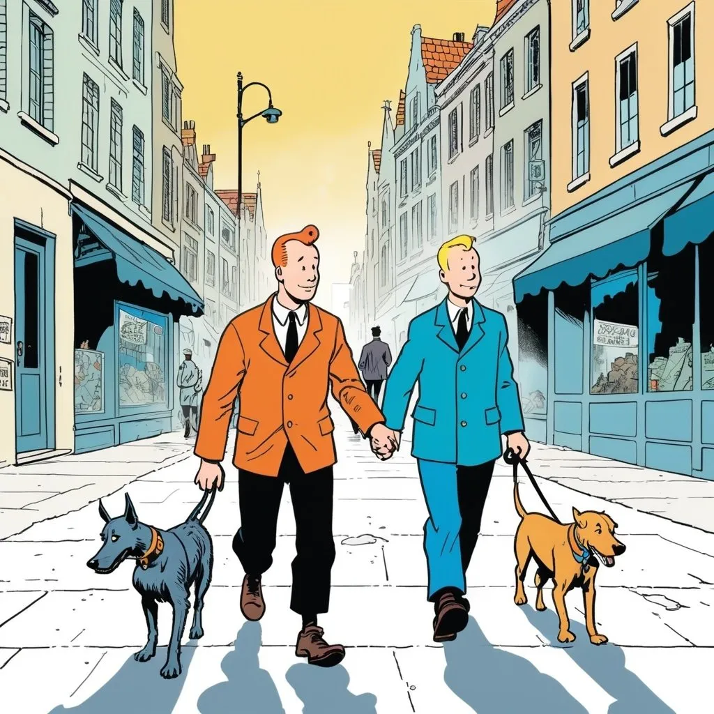 Prompt: two man walking with dog in a city, 2d comic book panel, in the style of Tintin 
