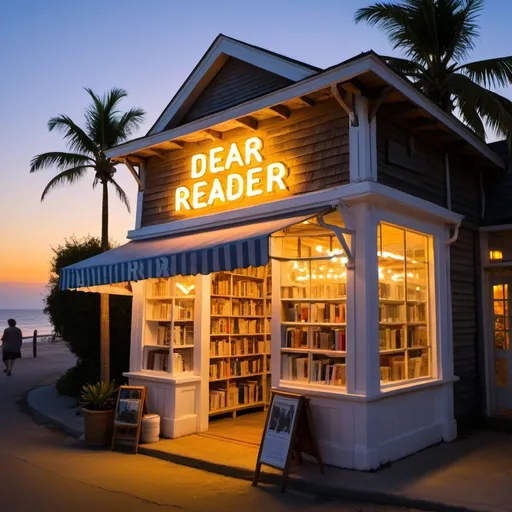 Prompt: Dear Reader, is the name of my book store in a cozy coastal town. The sign is neon white 
