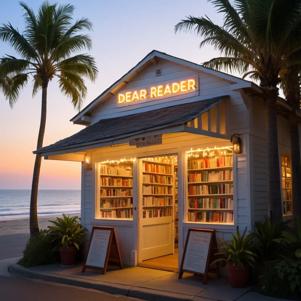 Prompt: Dear Reader, is the name of my book store in a cozy coastal town. The sign is neon white 
